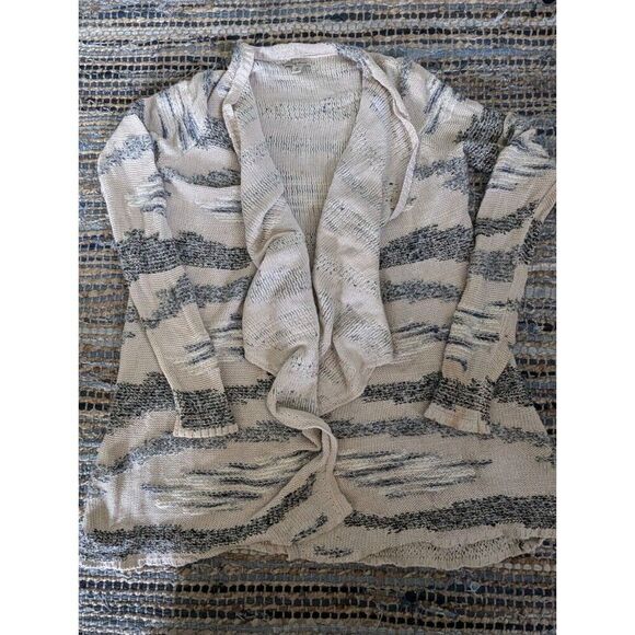 Cardigan Sweater Wool Mohair Blend M Open Knit Multicolor Cream Grey Lagenlook - Picture 2 of 11